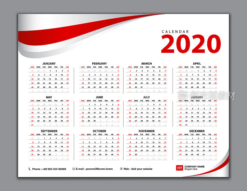 Calendar 2020, Simple calendar, desk, Week starts from Sunday. Set of 12 Months, vector template, red abstract background